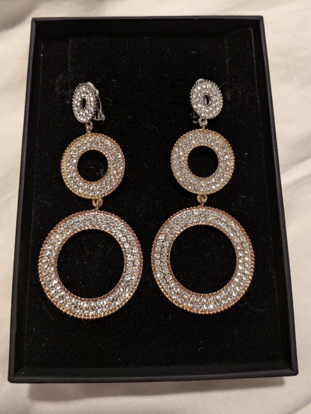 Rhinestone Pavé Triple Drop Circle Statement Clip-On Earrings